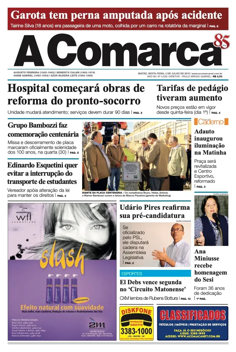 Primeira página da edição 4529 de A Comarca, 2 de julho de 2010