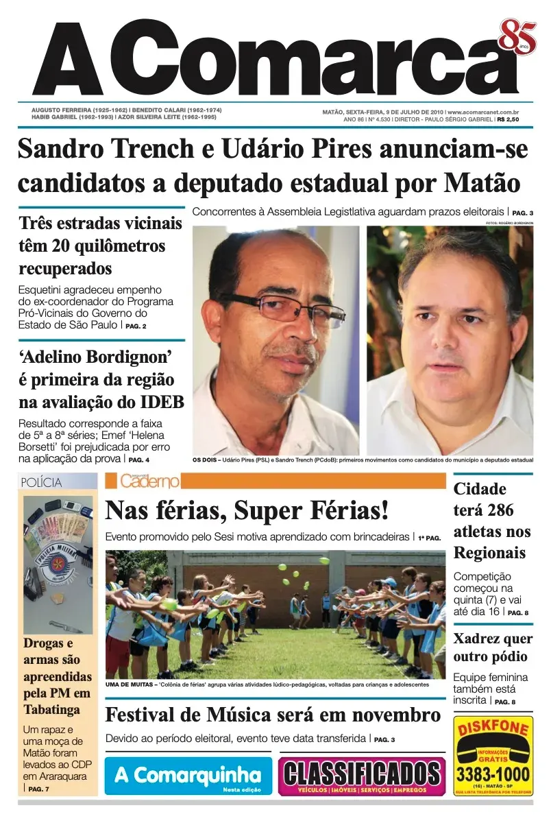 Primeira página da edição 4530 de A Comarca, 9 de julho de 2010
