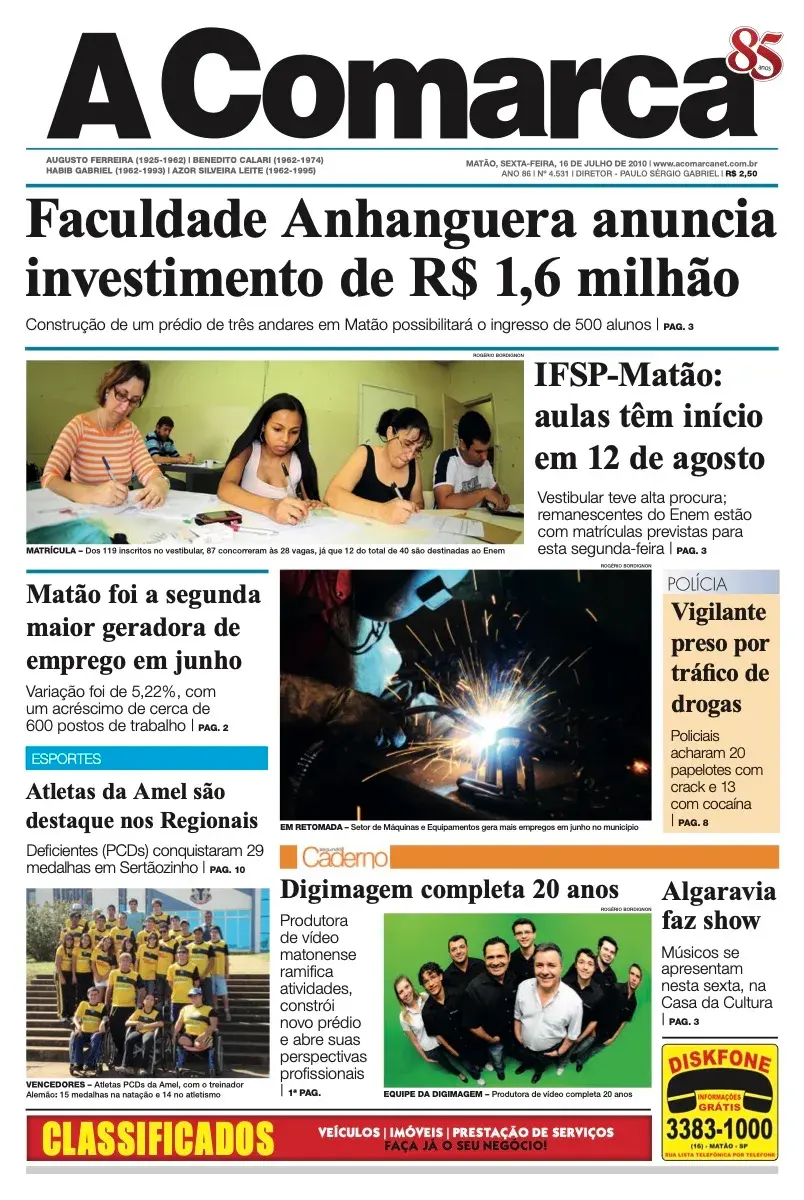 Primeira página da edição 4531 de A Comarca, 16 de julho de 2010