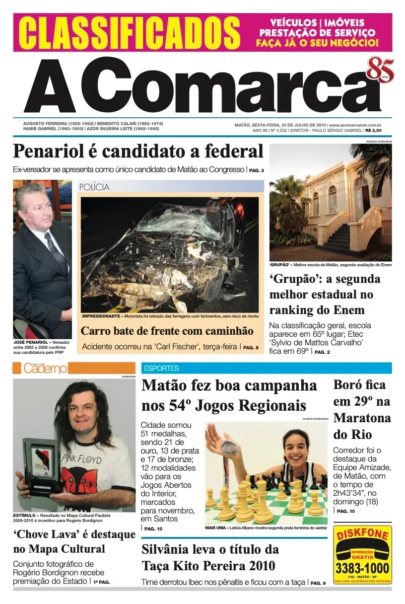 Primeira página da edição 4532 de A Comarca, 23 de julho de 2010