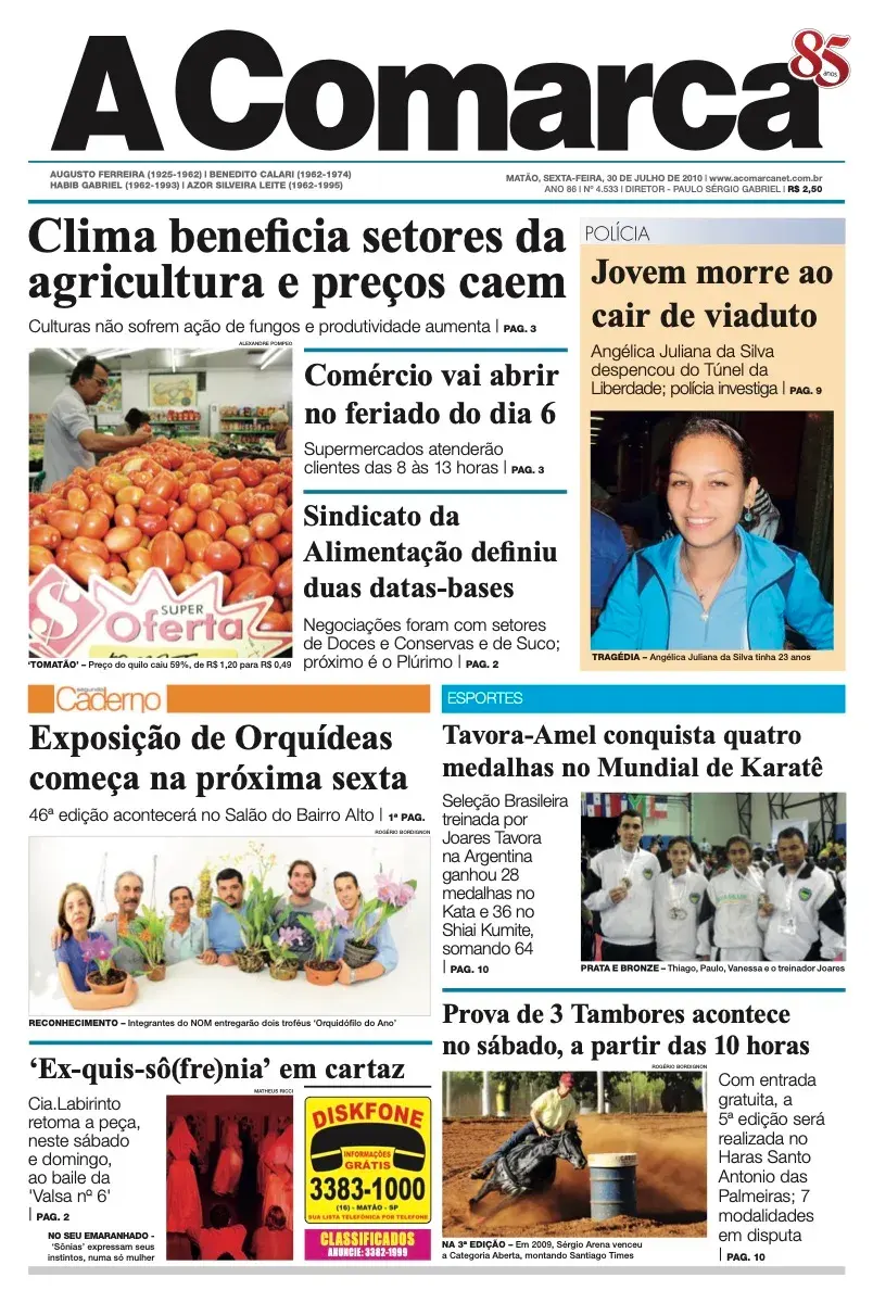 Primeira página da edição 4533 de A Comarca, 30 de julho de 2010