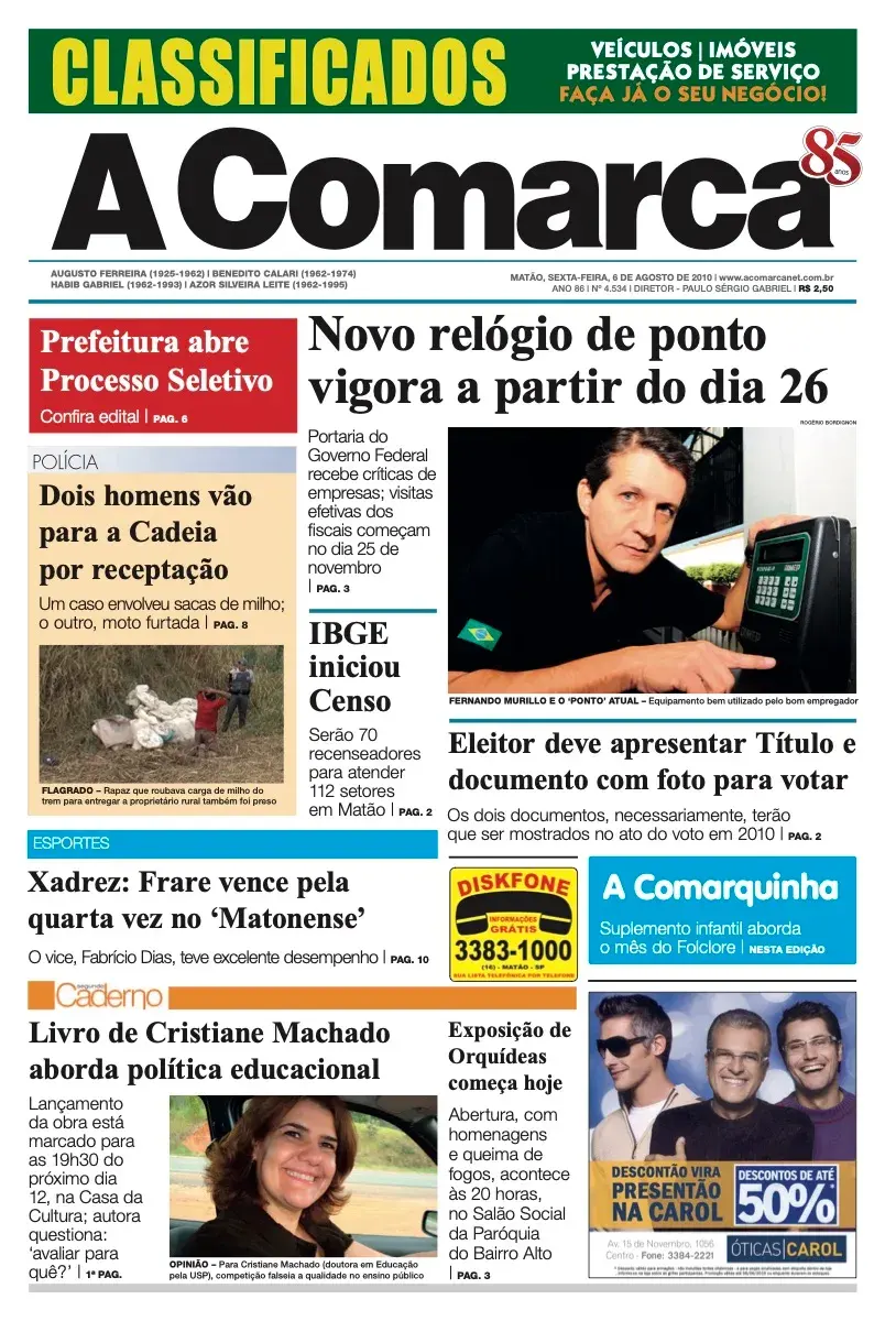 Primeira página da edição 4534 de A Comarca, 6 de agosto de 2010