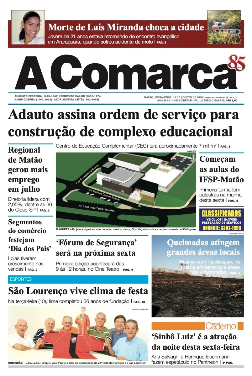 Primeira página da edição 4535 de A Comarca, 13 de agosto de 2010
