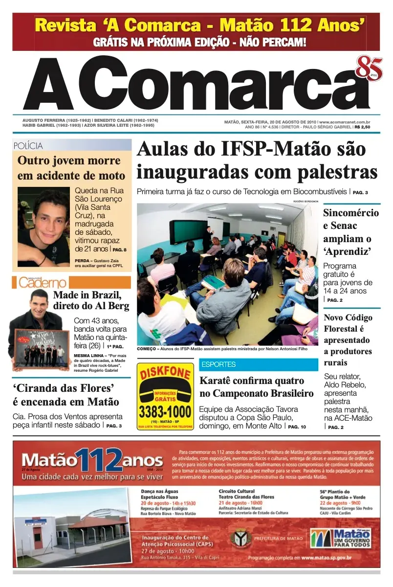 Primeira página da edição 4536 de A Comarca, 20 de agosto de 2010
