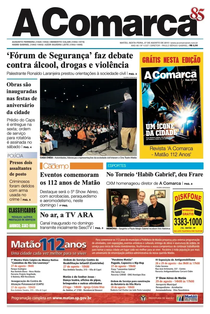 Primeira página da edição 4537 de A Comarca, 27 de agosto de 2010