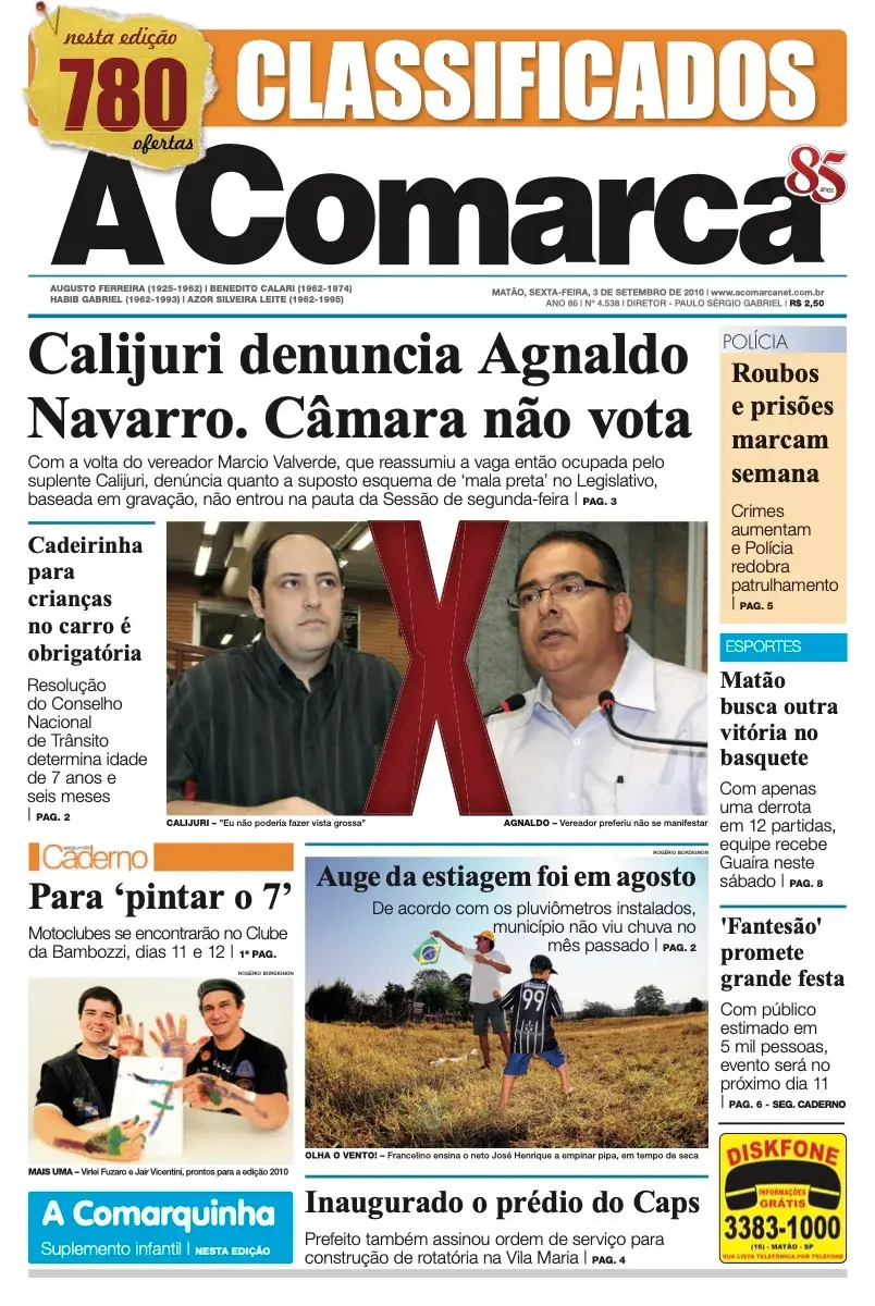 Primeira página da edição 4538 de A Comarca, 3 de setembro de 2010