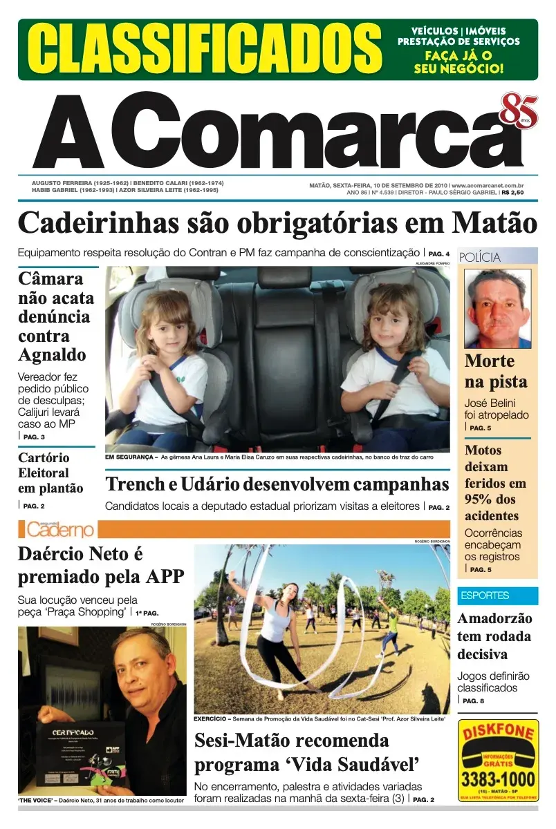 Primeira página da edição 4539 de A Comarca, 10 de setembro de 2010