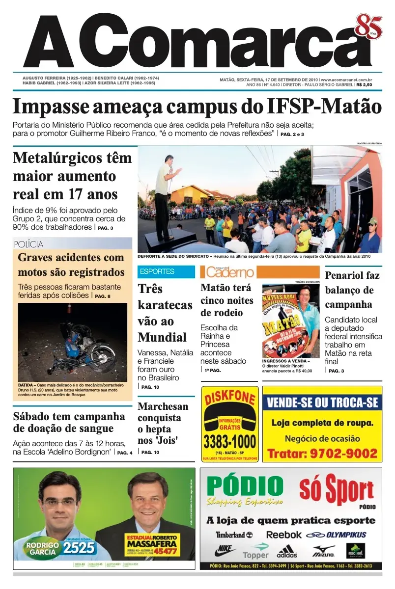 Primeira página da edição 4540 de A Comarca, 17 de setembro de 2010