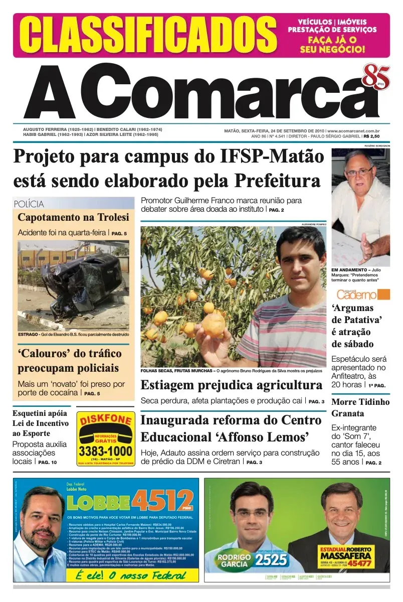 Primeira página da edição 4541 de A Comarca, 24 de setembro de 2010