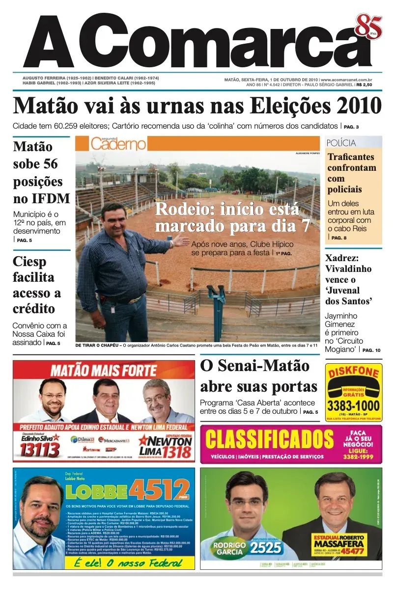 Primeira página da edição 4542 de A Comarca, 1 de outubro de 2010