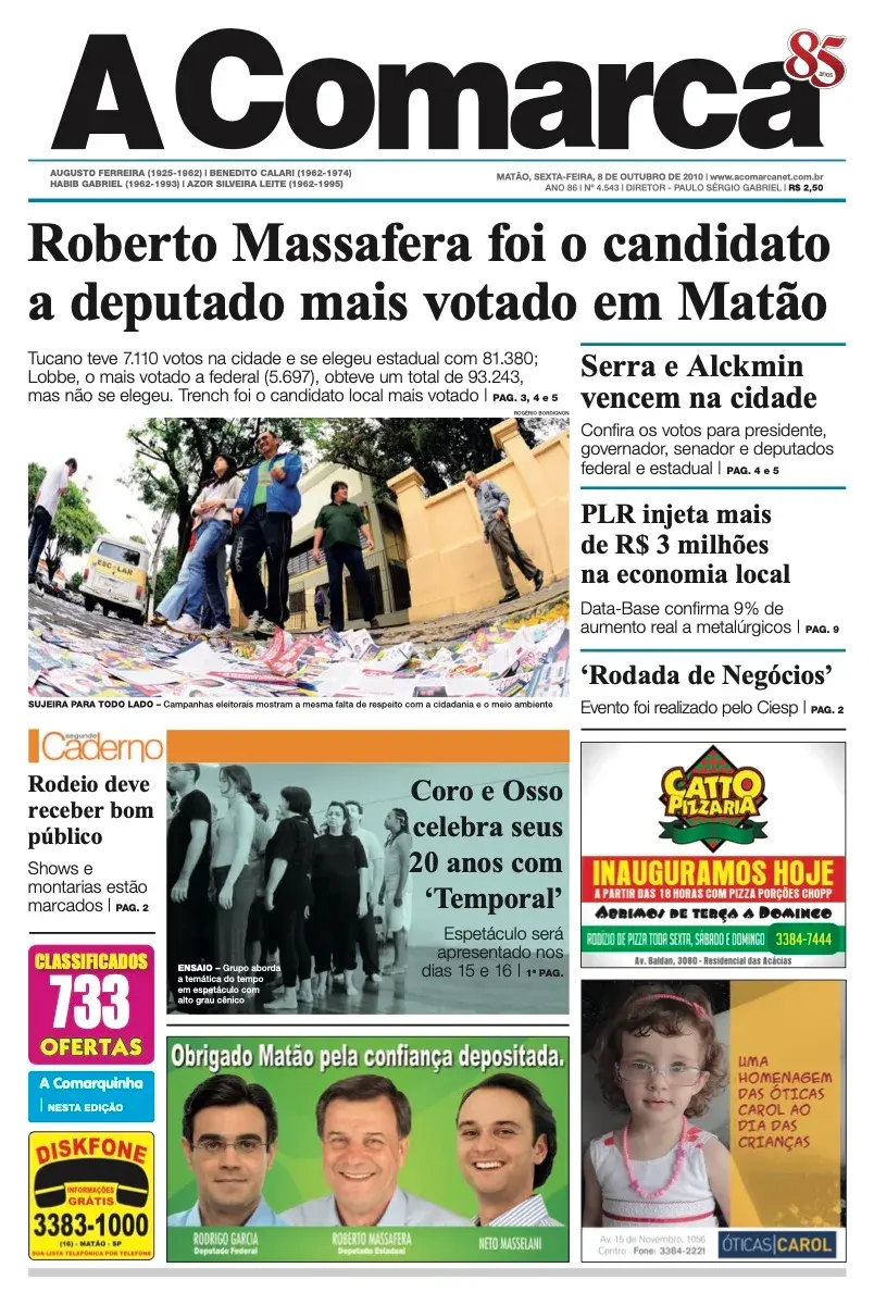 Primeira página da edição 4543 de A Comarca, 8 de outubro de 2010