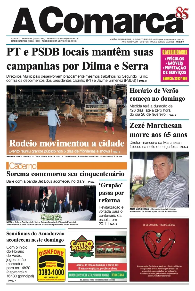 Primeira página da edição 4544 de A Comarca, 15 de outubro de 2010