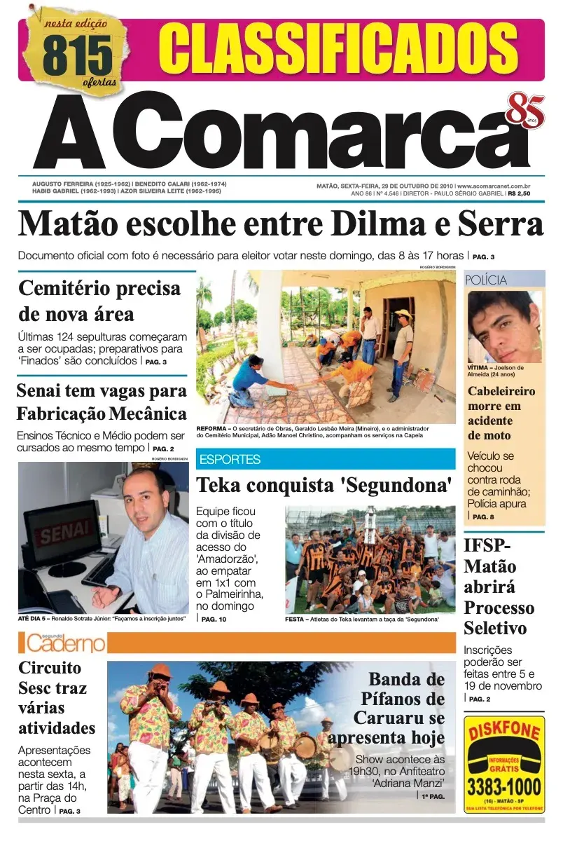 Primeira página da edição 4546 de A Comarca, 29 de outubro de 2010