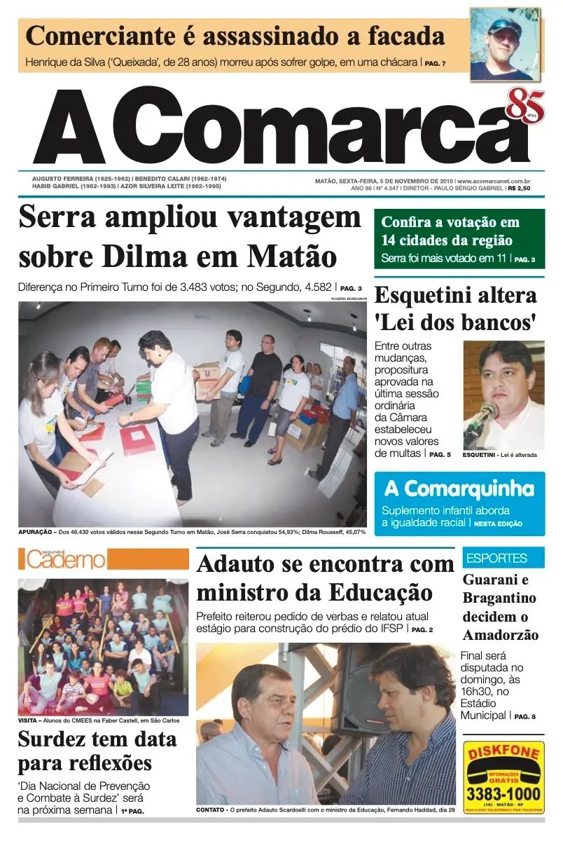 Primeira página da edição 4547 de A Comarca, 5 de novembro de 2010