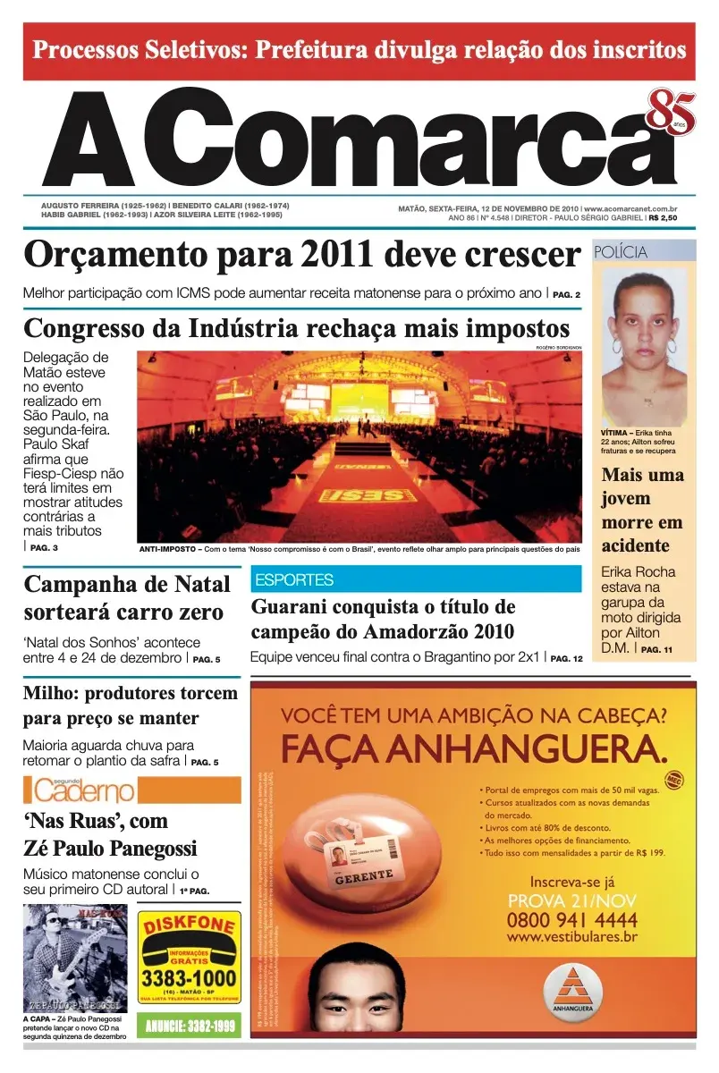 Primeira página da edição 4548 de A Comarca, 12 de novembro de 2010
