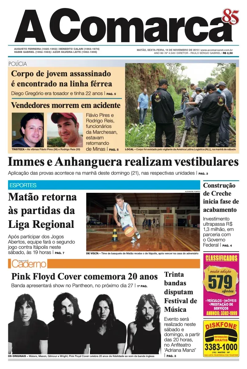 Primeira página da edição 4549 de A Comarca, 19 de novembro de 2010