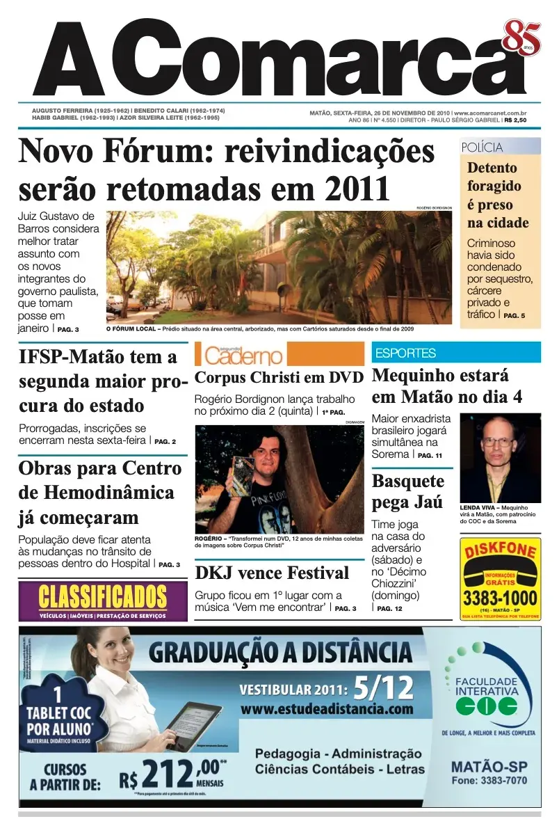 Primeira página da edição 4550 de A Comarca, 26 de novembro de 2010