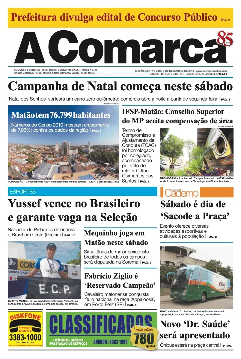 Primeira página da edição 4551 de A Comarca, 3 de dezembro de 2010
