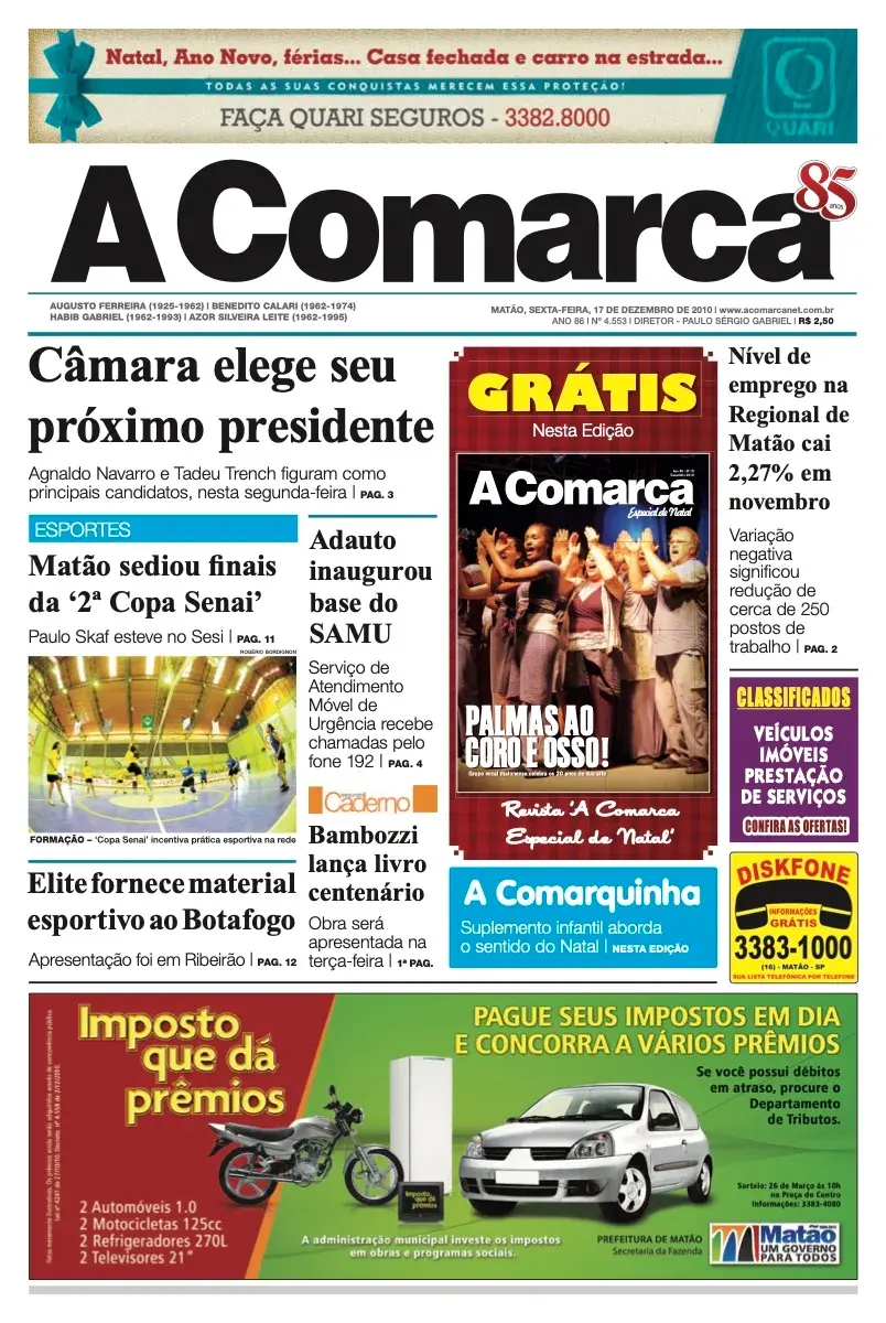 Primeira página da edição 4553 de A Comarca, 17 de dezembro de 2010