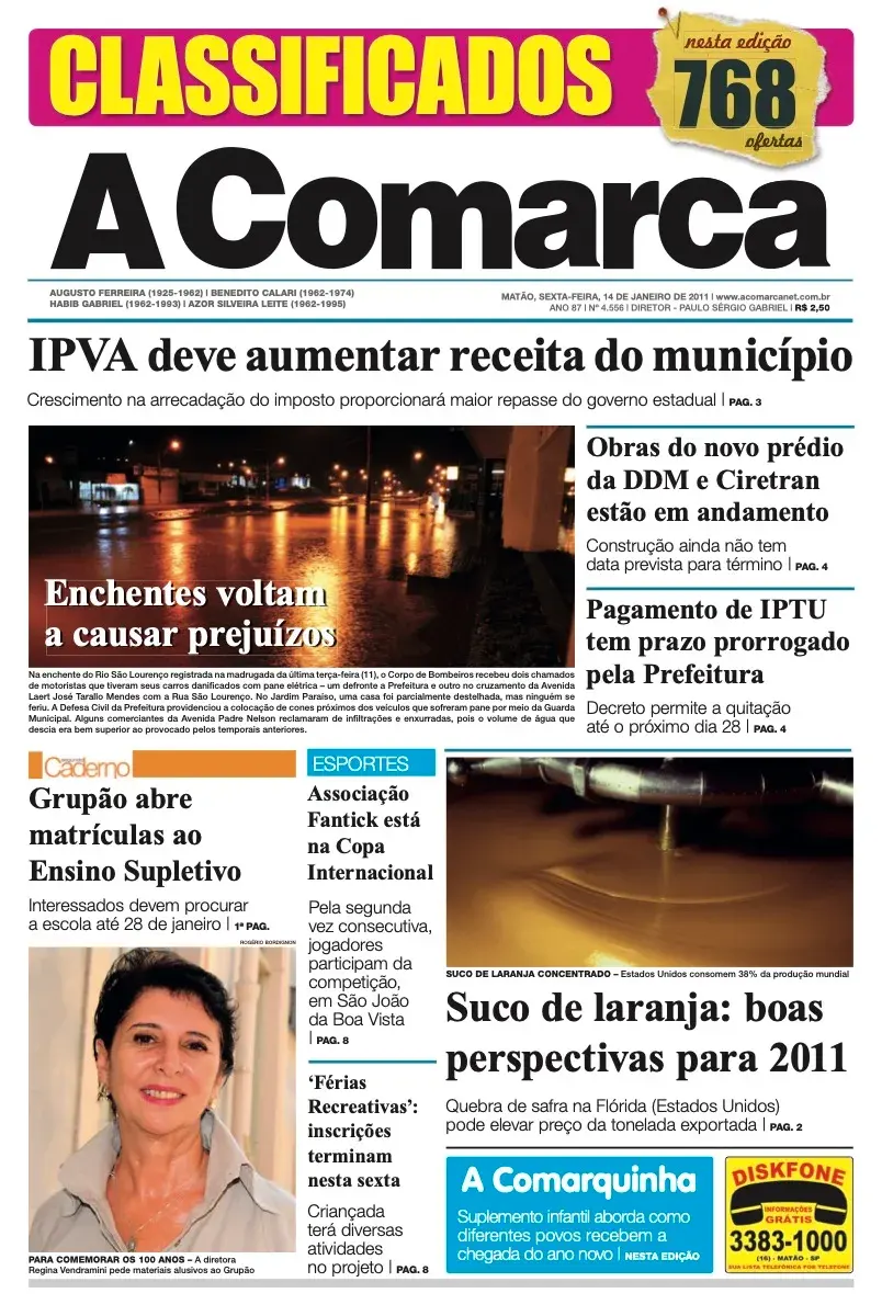 Primeira página da edição 4556 de A Comarca, 14 de janeiro de 2011