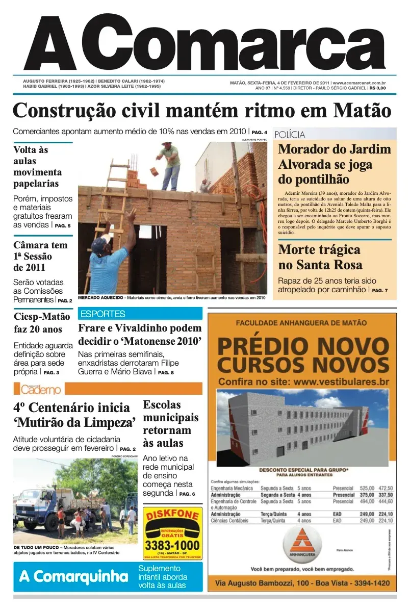 Primeira página da edição 4559 de A Comarca, 4 de fevereiro de 2011