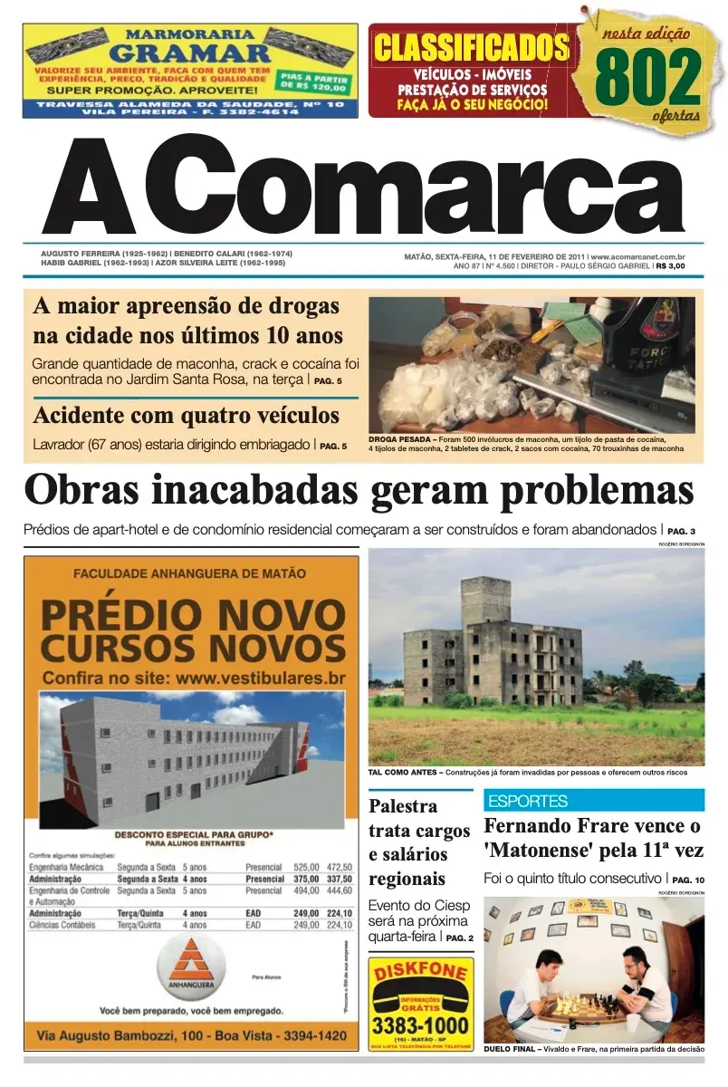 Primeira página da edição 4560 de A Comarca, 11 de fevereiro de 2011
