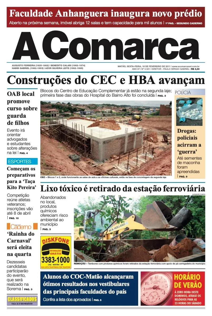 Primeira página da edição 4561 de A Comarca, 18 de fevereiro de 2011
