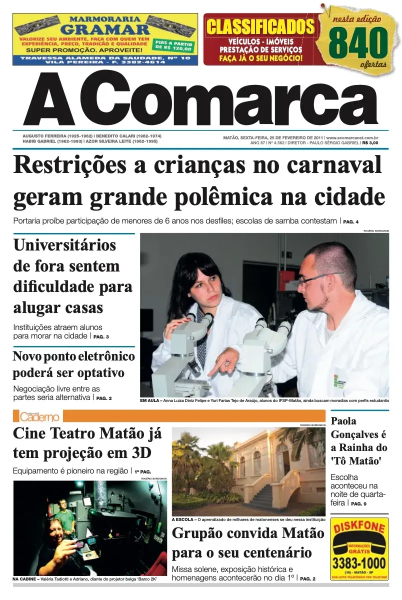 Primeira página da edição 4562 de A Comarca, 25 de fevereiro de 2011