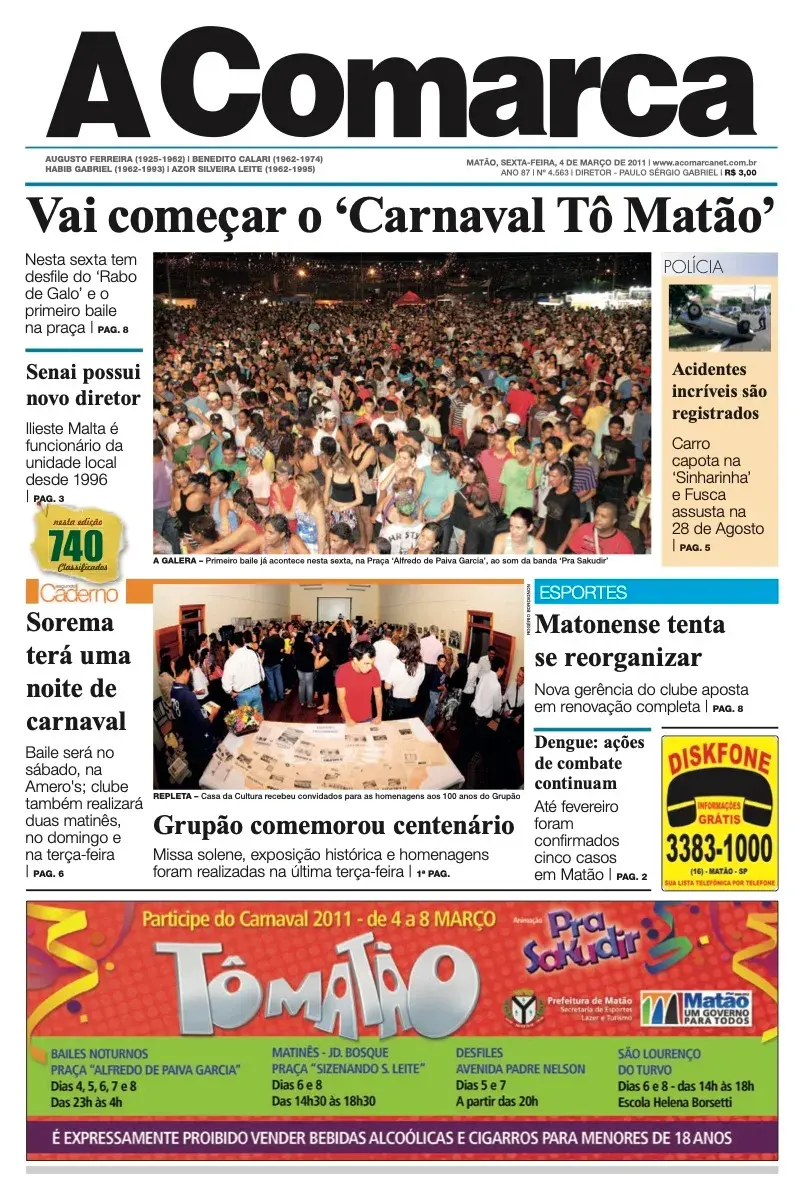 Primeira página da edição 4563 de A Comarca, 4 de março de 2011