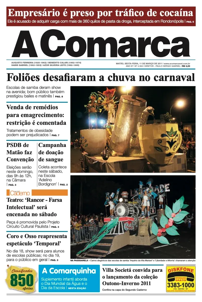 Primeira página da edição 4564 de A Comarca, 11 de março de 2011