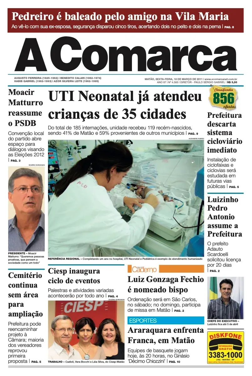 Primeira página da edição 4565 de A Comarca, 18 de março de 2011