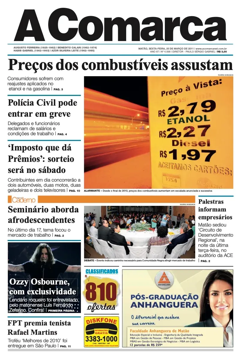 Primeira página da edição 4566 de A Comarca, 25 de março de 2011