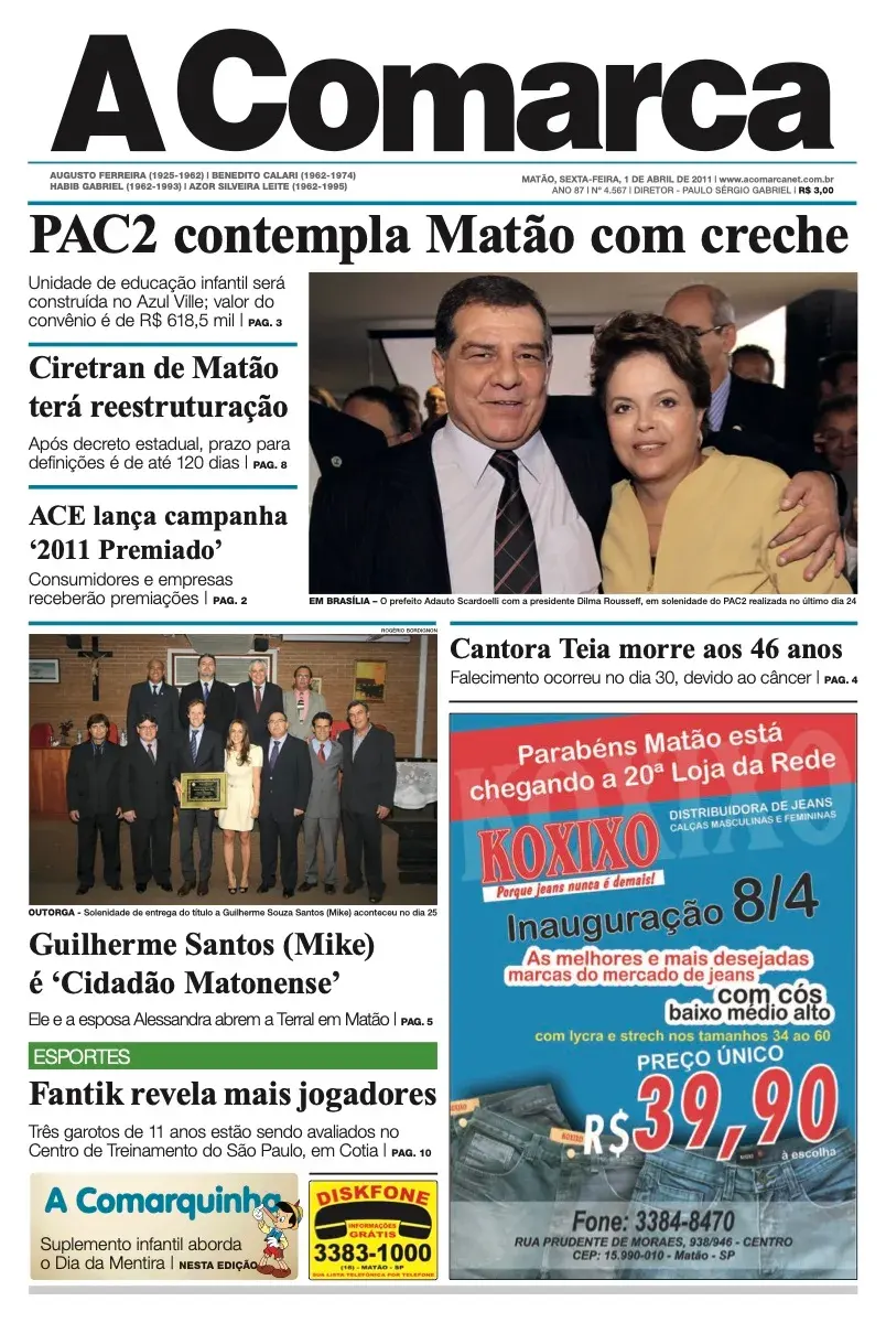 Primeira página da edição 4567 de A Comarca, 1 de abril de 2011