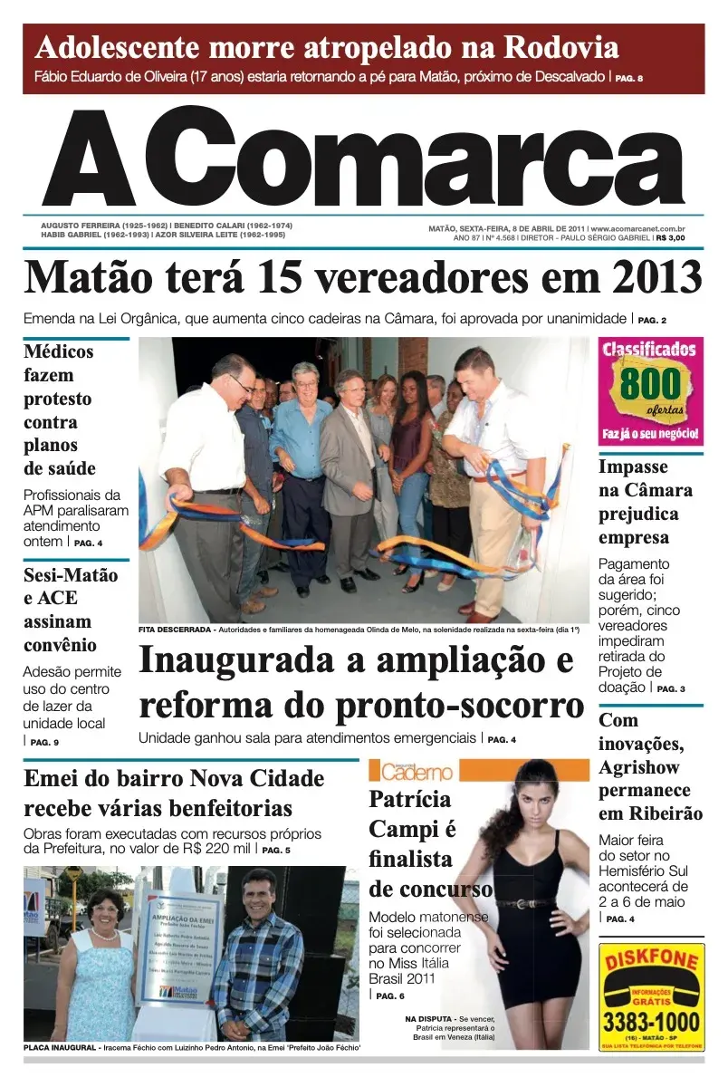 Primeira página da edição 4568 de A Comarca, 8 de abril de 2011