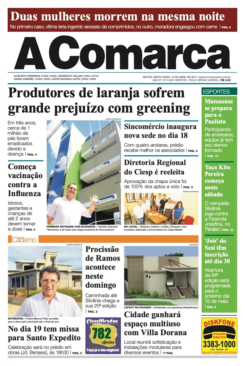 Primeira página da edição 4569 de A Comarca, 15 de abril de 2011