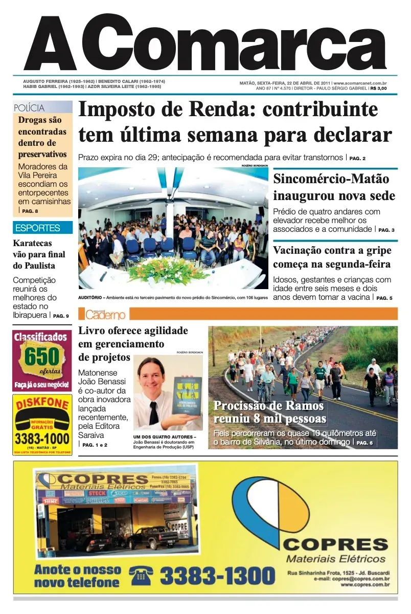 Primeira página da edição 4570 de A Comarca, 22 de abril de 2011