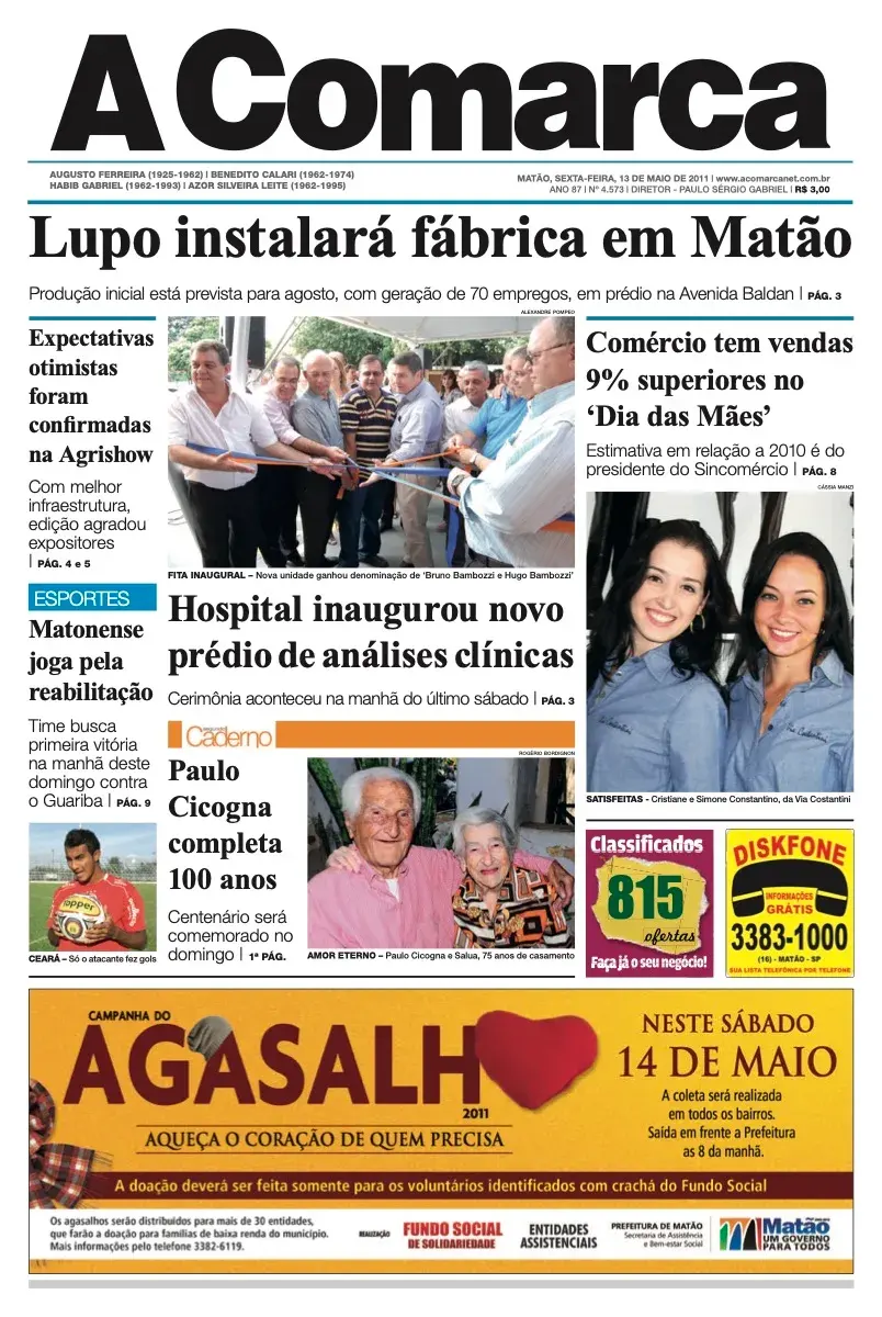 Primeira página da edição 4573 de A Comarca, 13 de maio de 2011