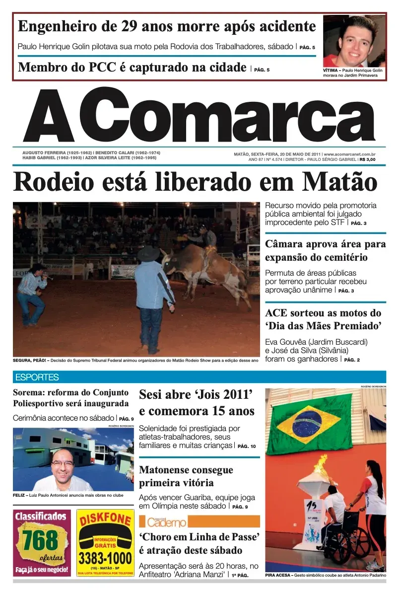 Primeira página da edição 4574 de A Comarca, 20 de maio de 2011