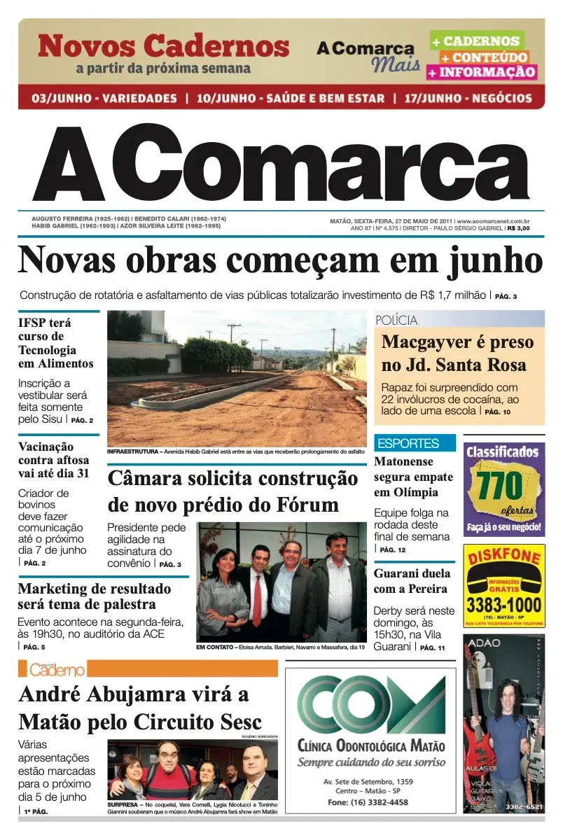 Primeira página da edição 4575 de A Comarca, 27 de maio de 2011