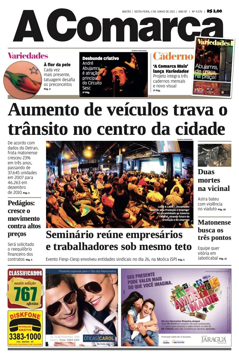 Primeira página da edição 4576 de A Comarca, 3 de junho de 2011