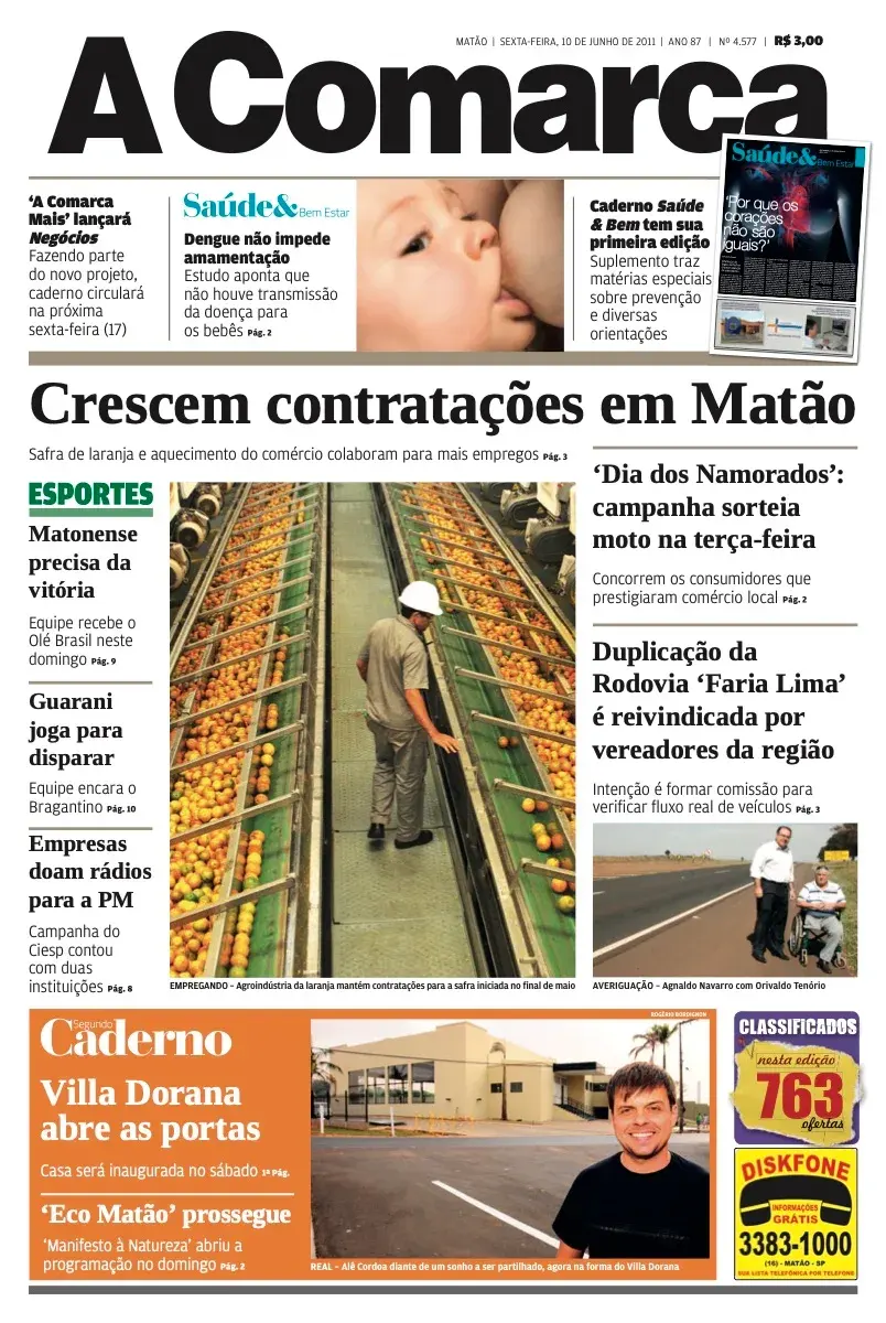 Primeira página da edição 4577 de A Comarca, 10 de junho de 2011