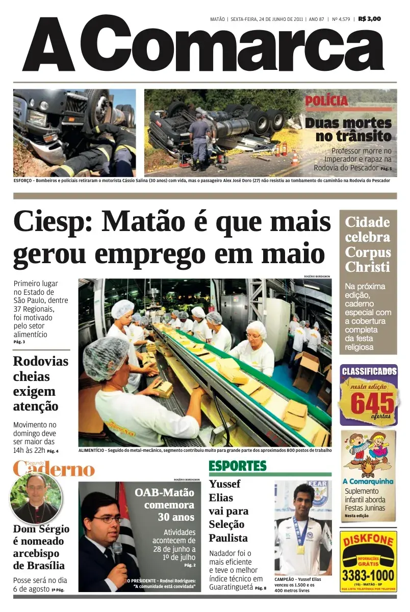 Primeira página da edição 4579 de A Comarca, 24 de junho de 2011