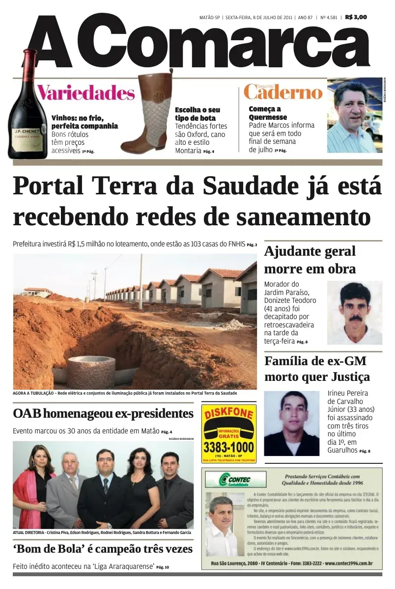 Primeira página da edição 4581 de A Comarca, 8 de julho de 2011