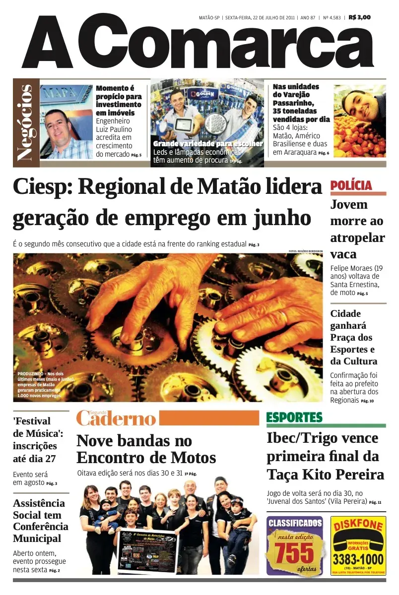 Primeira página da edição 4583 de A Comarca, 22 de julho de 2011