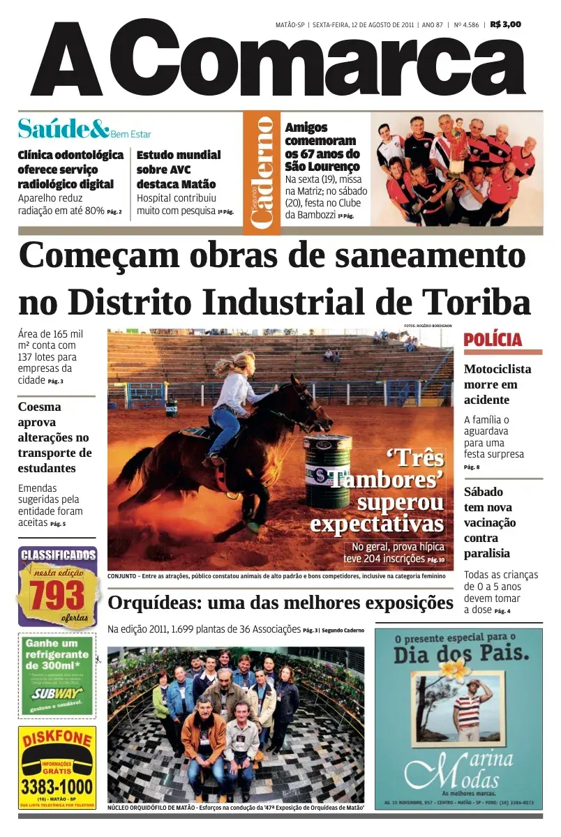 Primeira página da edição 4586 de A Comarca, 12 de agosto de 2011