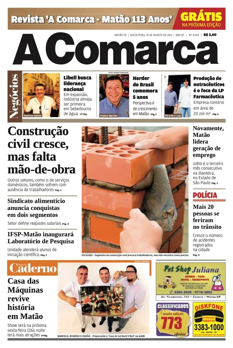 Primeira página da edição 4587 de A Comarca, 19 de agosto de 2011