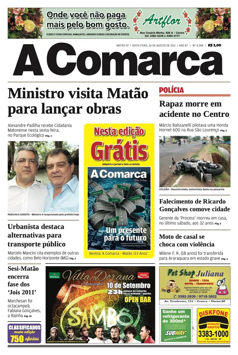Primeira página da edição 4588 de A Comarca, 26 de agosto de 2011