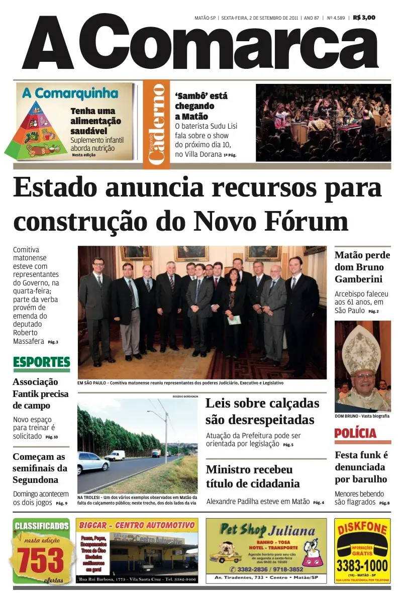 Primeira página da edição 4589 de A Comarca, 2 de setembro de 2011