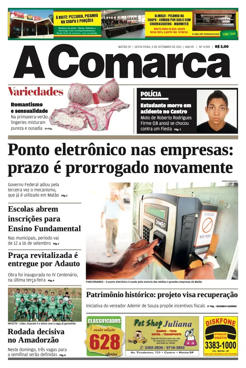Primeira página da edição 4590 de A Comarca, 9 de setembro de 2011