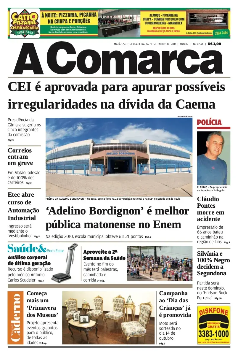 Primeira página da edição 4591 de A Comarca, 16 de setembro de 2011